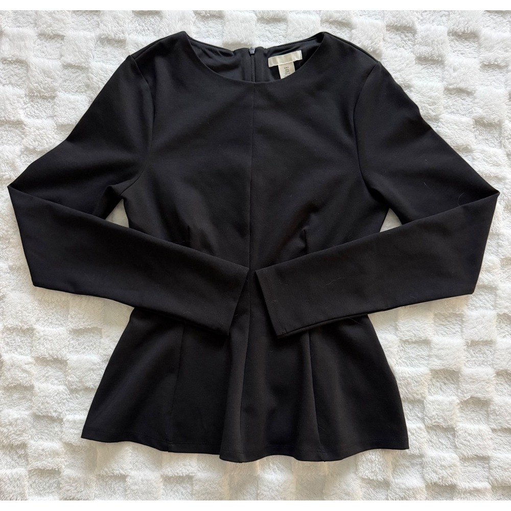 H&M Womens Black Long Sleeve Peplum Top Blouse Size S Tailored Back Zip EUC